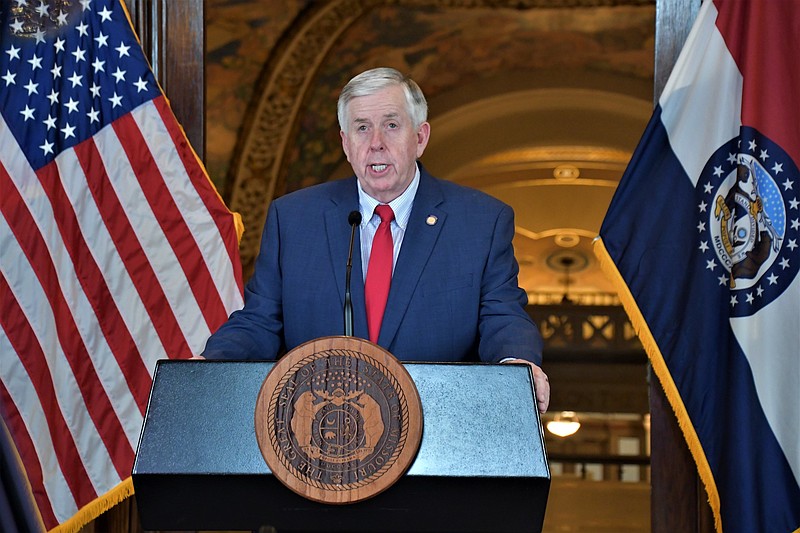 <p>Courtesy of Missouri Governor’s Office</p><p>Missouri Gov. Mike Parson speaks Monday during a press briefing.</p>