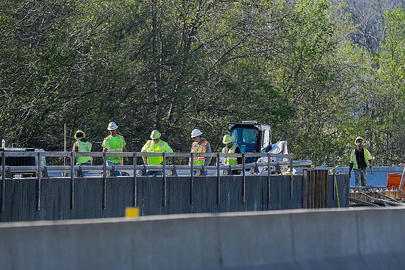In this April 10, 2020 photo, construction continues on a portion of U.S. 63 that crosses over Cedar Creek as part of an ongoing bridge repair project by the Missouri Department of Transportation.