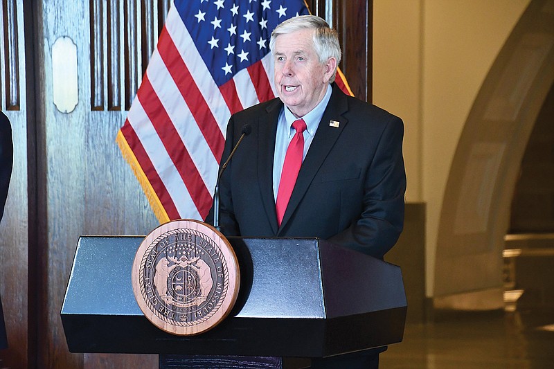 Missouri Gov. Mike Parson speaks Wednesday, April 15, 2020, during a COVID-19 press briefing.