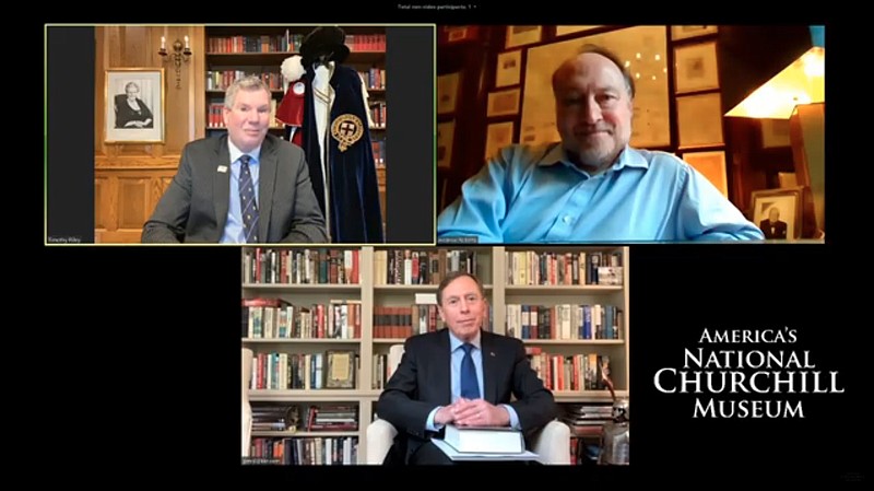 This screenshot shows panelists sharing their knowledge of Churchill's leadership during times of adversity.