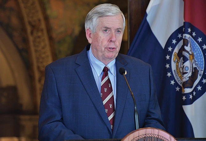 Missouri Gov. Mike Parson speaks Friday, April 17, 2020, during a COVID-19 press briefing.