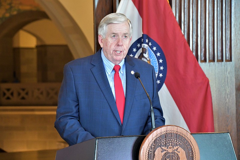 Missouri Gov. Mike Parson speaks during a COVID-19 briefing Monday, April 20, 2020.