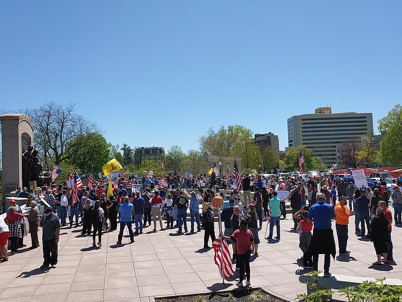 Hundreds of people gathered Tuesday, April 21, 2020, at the Missouri State Capitol in Jefferson City to protest Missouri government's measures to limit the spread of COVID-19.