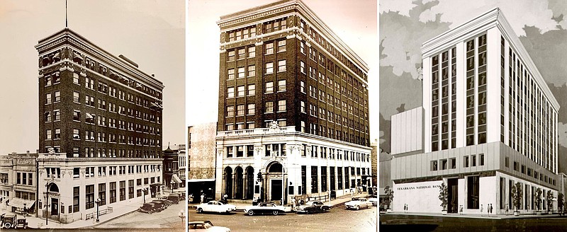 This combination of undated images shows a photo of how the Texarkana National Bank Building originally looked, left, a photo of the bank after its expansion, center, and an artist's rendering of modernizations made around 1970, right. Local developers plan to rehabilitate the building, which has been vacant for more than 15 years. Images courtesy David Peavy.