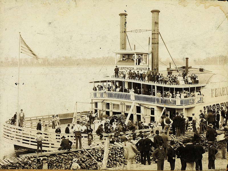 <p>Courtesy of Missouri State Archives</p><p>Steamer J.W. Spencer at the dock in Jefferson City, where it provided ferry service locally until the construction of the first bridge in 1896.</p>