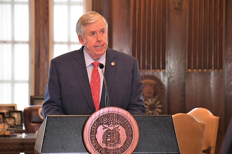 Missouri Gov. Mike Parson speaks Wednesday, April 29, 2020, during a COVID-19 briefing.