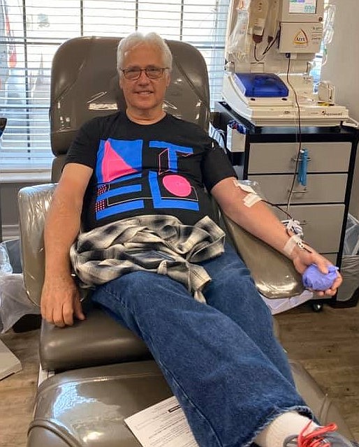 In this April 27, 2020, file photo, recovered COVID-19 patient Paul Butler donates plasma at LifeShare Blood Center in Texarkana, Texas. Butler was the first recovered patient to give plasma at the center in an effort to treat ill COVID-19 patients with antibodies produced by those who have recovered.
