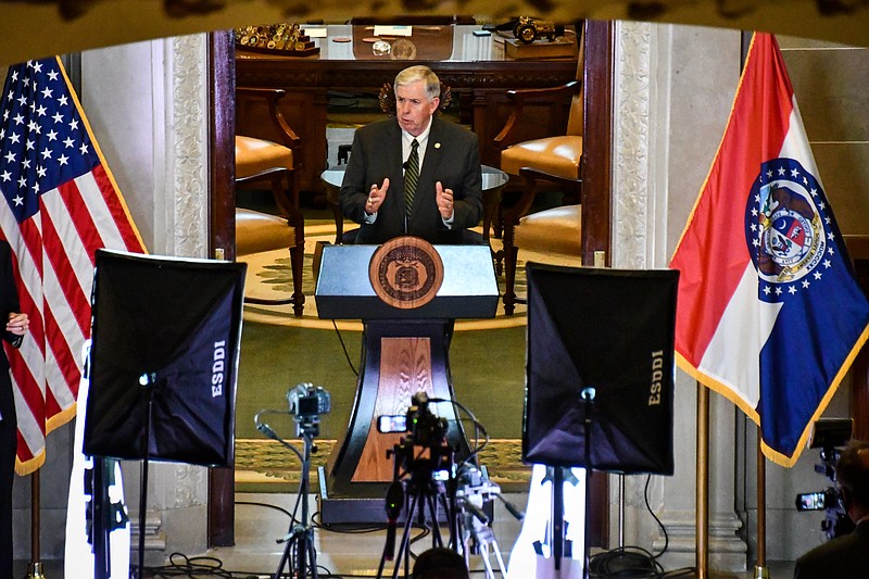 Missouri Gov. Mike Parson speaks during a COVID-19 briefing Monday, May 4, 2020.