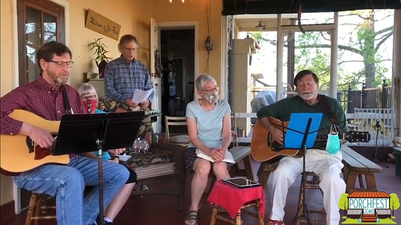 This screen capture from a video posted to YouTube shows Joyful Noise, a liturgical music group from Jefferson City, performing for the first-ever virtual Porchfest JCMO held on Sunday, May 3, 2020.  Shown from left to right are: Tom and Lori Steever, Gene Vogel, Janet Theby and Steve Veile. Other members of the group include Laramie Thompson, Chris Krautmann and Matt Tolksdorf.