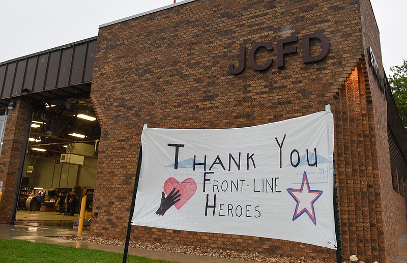 Claire Hassler/News Tribune
A sign reading “Thank you front-line workers” is posted outside the Jefferson City Fire Department Station 1 on Monday, May 4, 2020 in Jefferson City.