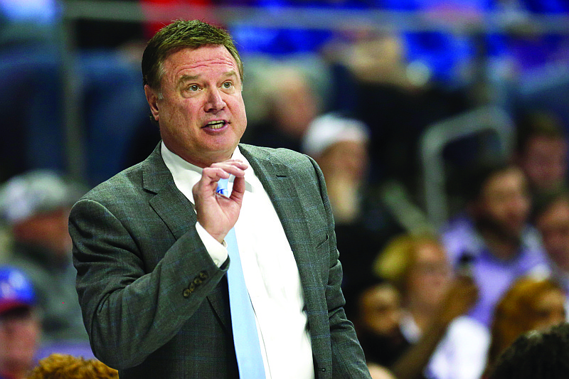 In this Feb. 8 file photo, Kansas head coach Bill Self reacts to a play as Kansas takes on TCU during the second half of a game in Fort Worth, Texas.