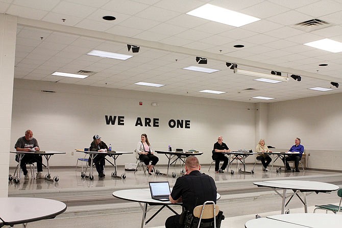 The May New Bloomfield Board of Alderman was held in the New Bloomfield High School cafeteria in order to implement social distancing precautions.