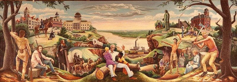 <p>Photo by Nancy Thompson</p><p style="text-align:right;">This mural, painted by Sidney Larson, depicting historic places and people of Jefferson City currently hangs in the main floor atrium of City Hall. It was commissioned by the Environmental Quality Commission and dedicated in 1985.</p>