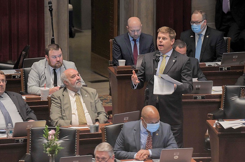 Rep. Dean Plocher, R-St. Louis County, addresses the chamber Wednesday, May 13, 2020. (News Tribune photo)