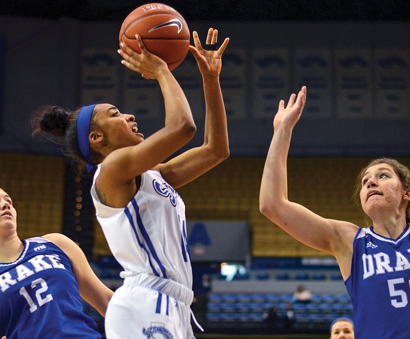 In this Feb. 11, 2018, file photo, Drake's Sarah Rhine defends Indiana State's Tierra Webb during a game in Terre Haute, Ind. 