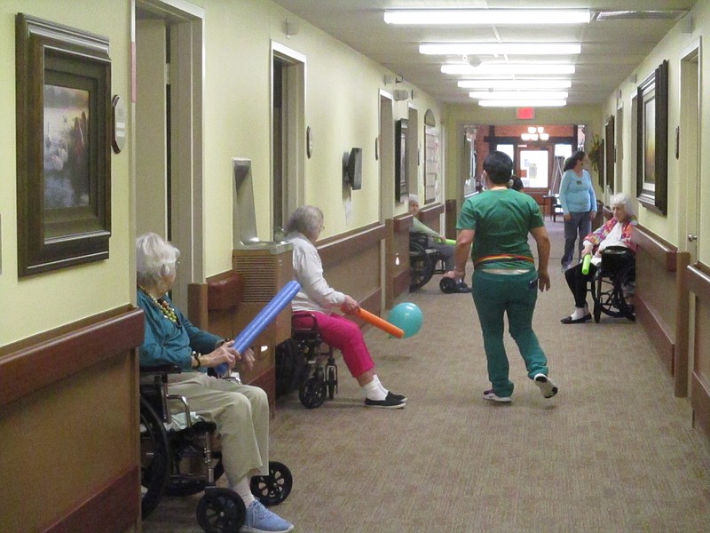 California Care Center in California, Mo., celebrated National Nursing Home Week in May 2020 with a color theme. Residents participated in black and white day, orange or yellow day, purple or pink day, green day, and ended the week with red, white and blue day. The staff and residents dressed in the color of the day each day. On Thursday of the week, residents played a whack a balloon game down the hallway. (Submitted photo)