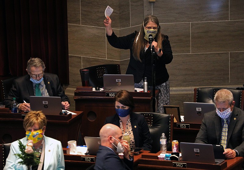 State Rep. Gina Mitten D-St. Louis, speaks on the House floor during the final day of the legislative session in the Missouri Capitol building, Friday, May 15, 2020 in Jefferson City, Mo. (Christian Gooden/St. Louis Post-Dispatch via AP)