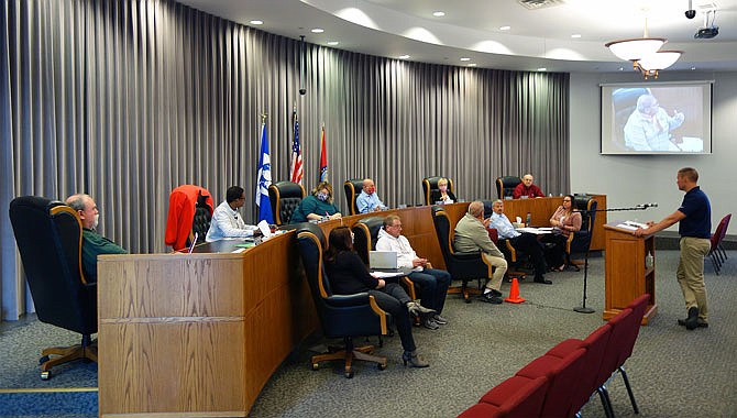 Fulton City Council members spread out during Tuesday evening's meeting, the first in-person regular meeting since the pandemic reached Callaway County. The next meeting is slated for May 26.