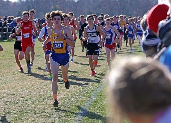 Fatima's Dawson Woehr runs toward the front of the field during last fall's Class 2 state cross country championships at Gans Creek Cross Country Course in Columbia.