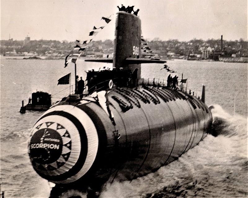 The nuclear submarine USS Scorpion is pictured during its launching in 1959.