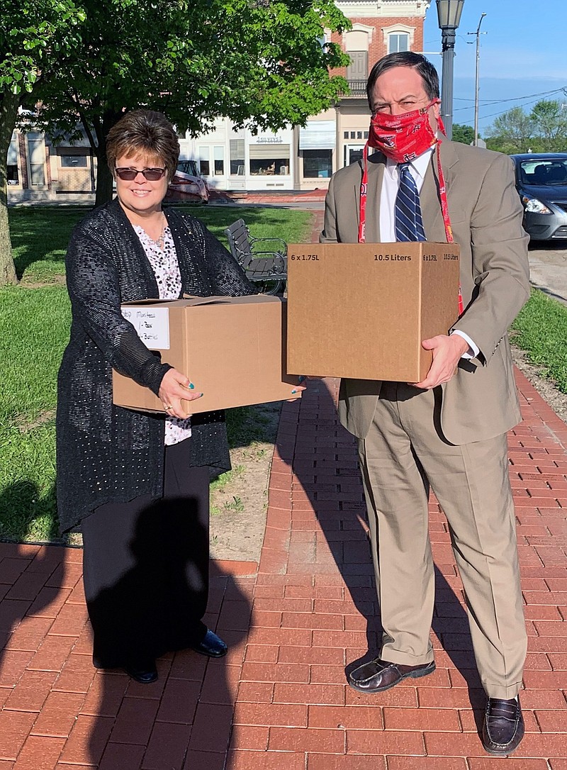 <p>Submitted</p><p>Missouri Secretary of State Jay Ashcroft delivered supplies to Moniteau County Clerk Roberta Elliott to help the county facilitate public health safety at polling places during the June 2 election. Ashcroft delivered 32 face masks, four 1.75 liter bottles of hand sanitizer, 12 8 oz. pump bottles of sanitizer, 66 social distancing posters and 165 social distancing strips. Additionally, 32 face shields are set to be delivered separately by mail.</p>