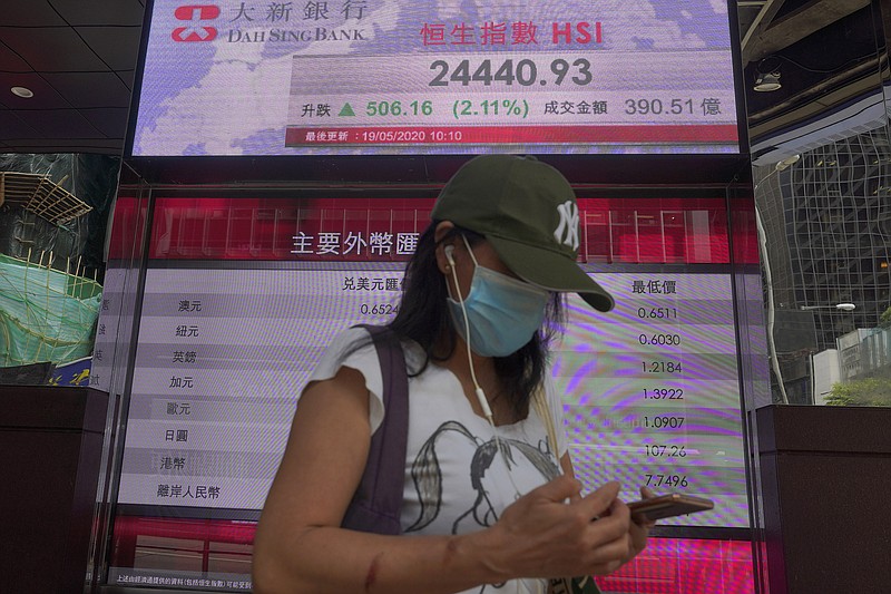 A woman wearing face mask walks past a bank electronic board showing the Hong Kong share index Tuesday, May 19, 2020. Asian shares rose Tuesday on optimism about a potential vaccine for the coronavirus after hopes for a U.S. economic recovery in the second half of the year sent Wall Street into a rebound. (AP Photo/Vincent Yu)