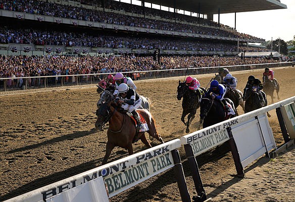 In this June 8, 2019, file photo, Sir Winston, with jockey Joel Rosario up, crosses the finish line to win the 151st running of the Belmont Stakes at Belmont Park in Elmont, N.Y.