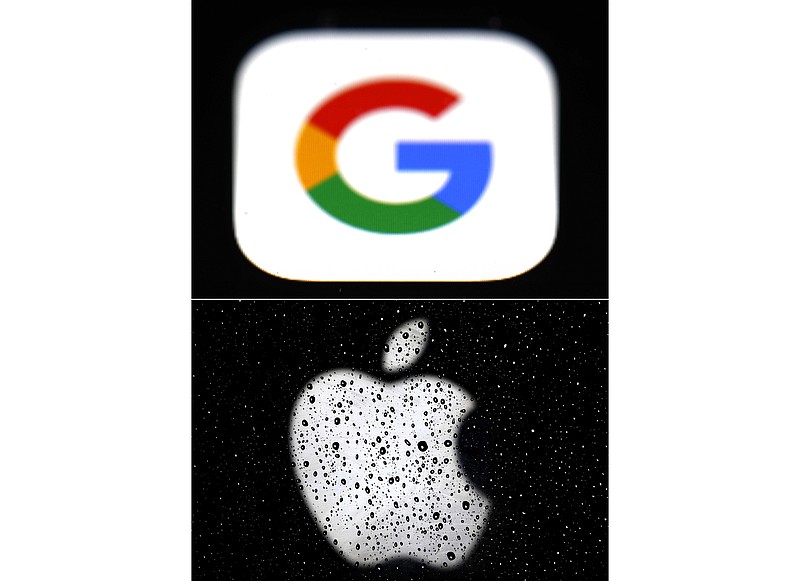 This combo of photos shows the logo for Google, top and Apple, bottom.  Apple and Google on Wednesday, May 20, 2020,  released long-awaited smartphone technology to automatically notify people if they might have been exposed to the coronavirus. (AP Photo/File)