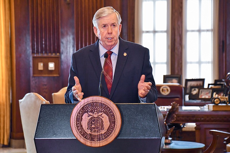 <p>Courtesy of Missouri Governor’s Office</p><p>Missouri Gov. Mike Parson speaks during a COVID-19 briefing Thursday, May 21, 2020.</p>