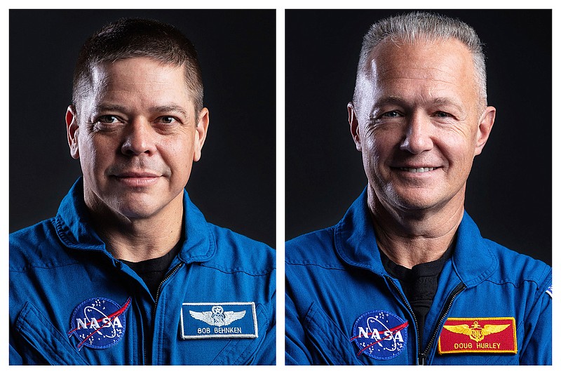 This combination of undated photos made available by SpaceX shows astronauts Bob Behnken, left, and Doug Hurley at SpaceX Headquarters in Hawthorne, Calif. With liftoff scheduled for May 27, 2020, the astronauts are about to blast into orbit aboard an American rocket from American soil for the first time in nearly a decade. And for the first time in the history of human spaceflight, a private company -- SpaceX -- is providing the ride. (SpaceX via AP)