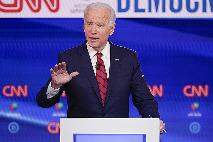 In this Sunday, March 15, 2020, file photo, former Vice President Joe Biden participates in a Democratic presidential primary debate at CNN Studios in Washington. Biden won Oregon's Democratic presidential primary, outpacing Vermont Sen. Bernie Sanders and Massachusetts Sen. Elizabeth Warren, who both suspended their campaigns earlier in the year. (AP Photo/Evan Vucci, File)