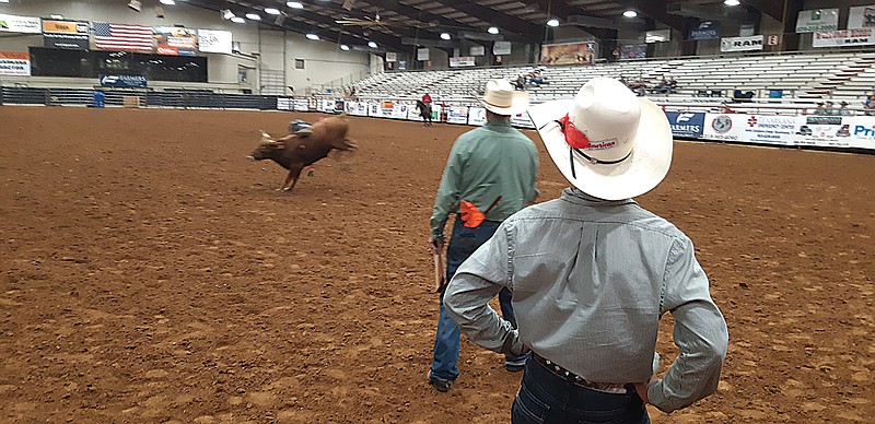 Young cowboys mount up in the steer riding event.