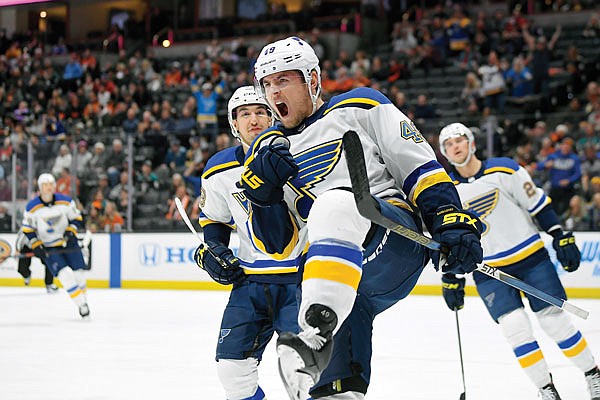 In this Feb. 11 file photo, Ivan Barbashev of the Blues celebrates after scoring a goal against the Ducks in Anaheim, Calif.