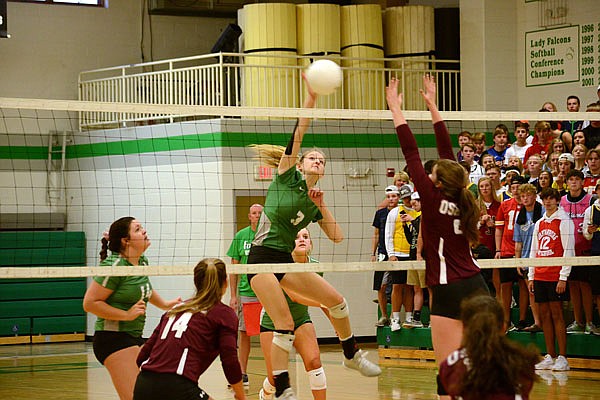 Emma Schroeder of Blair Oaks spikes the ball during a match last fall against School of the Osage in Wardsville.