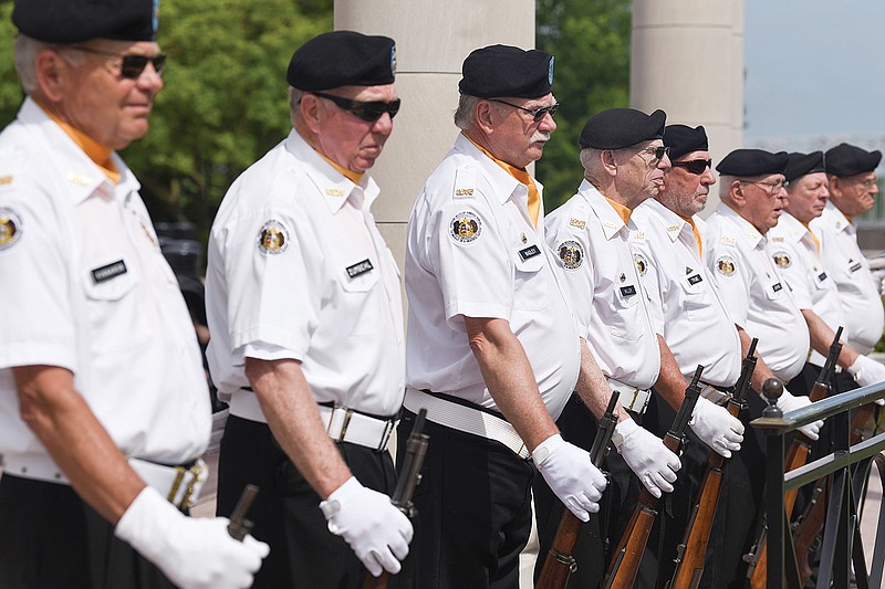 A VFW Honor Guard stands at attention Monday, May 25, 2020, during a Memorial Day ceremony at the Missouri Capitol.