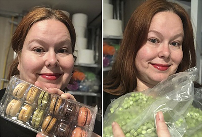 This combination photo shows Jennifer Salgado, 42, of Bloomfield, N.J., with a pack of macarons, left, and a bag of peas she ordered during coronavirus lockdown. Millions of people have helped online retail sales surge as consumer spending fell off rapidly when businesses shut down. Salgado snapped up 96 macarons from a bulk-buying store, along with 24 pounds of frozen peas. (Jennifer Salgado via AP)