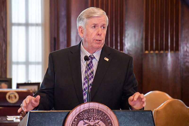 Missouri Gov. Mike Parson speaks during a COVID-19 briefing Wednesday, May 27, 2020.