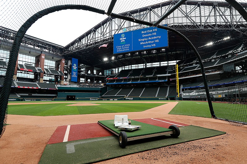 A home plate perspective gives a view of Globe Life Field, the newly-built home of the Texas Rangers, in Arlington, Texas, Wednesday, May 20, 2020. The park that was supposed to have its home opener on March 31 against the Los Angeles Angels has yet to see one game played in it this season amid the coronavirus pandemic. (AP Photo/Tony Gutierrez)