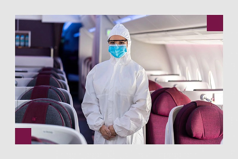 Qatar Airways announced May 18 it would require its cabin crew to wear disposable Personal Protective Equipment as well as safety goggles, gloves and a mask. (Amer Sweidan/Courtesy of Qatar Airlines)