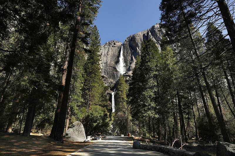 Yosemite Falls seen without people due to the park closure on April 11, 2020. Yosemite National Park was closed to visitors due to the coronavirus, COVID-19. Reservations will be required to visit Yosemite when the park reopens, possibly in early June, according to a draft reopening plan. (Carolyn Cole/Los Angeles Times/TNS)