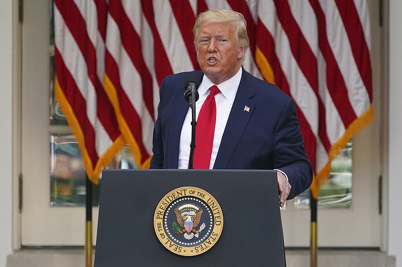 President Donald Trump answers questions from reporters during an event on protecting seniors with diabetes in the Rose Garden White House, Tuesday, May 26, 2020, in Washington. (AP Photo/Evan Vucci)