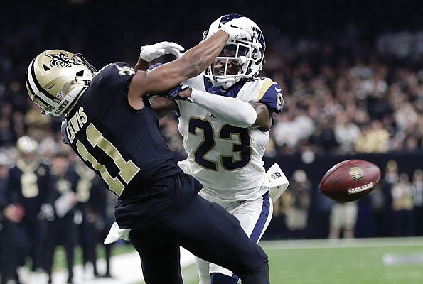 In this Jan. 20, 2019, file photo, Nickell Robey-Coleman of the Rams breaks up a pass intended for Tommylee Lewis of the Saints late in the NFC Championship Game in New Orleans.