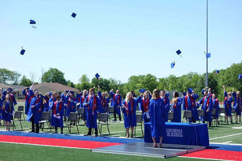 <p>Democrat photo/Paula Tredway</p><p>The Class of 2020 celebrated the end of the commencement ceremony with class president Kaitlyn Adams encouraging them to toss their caps in the air.</p>