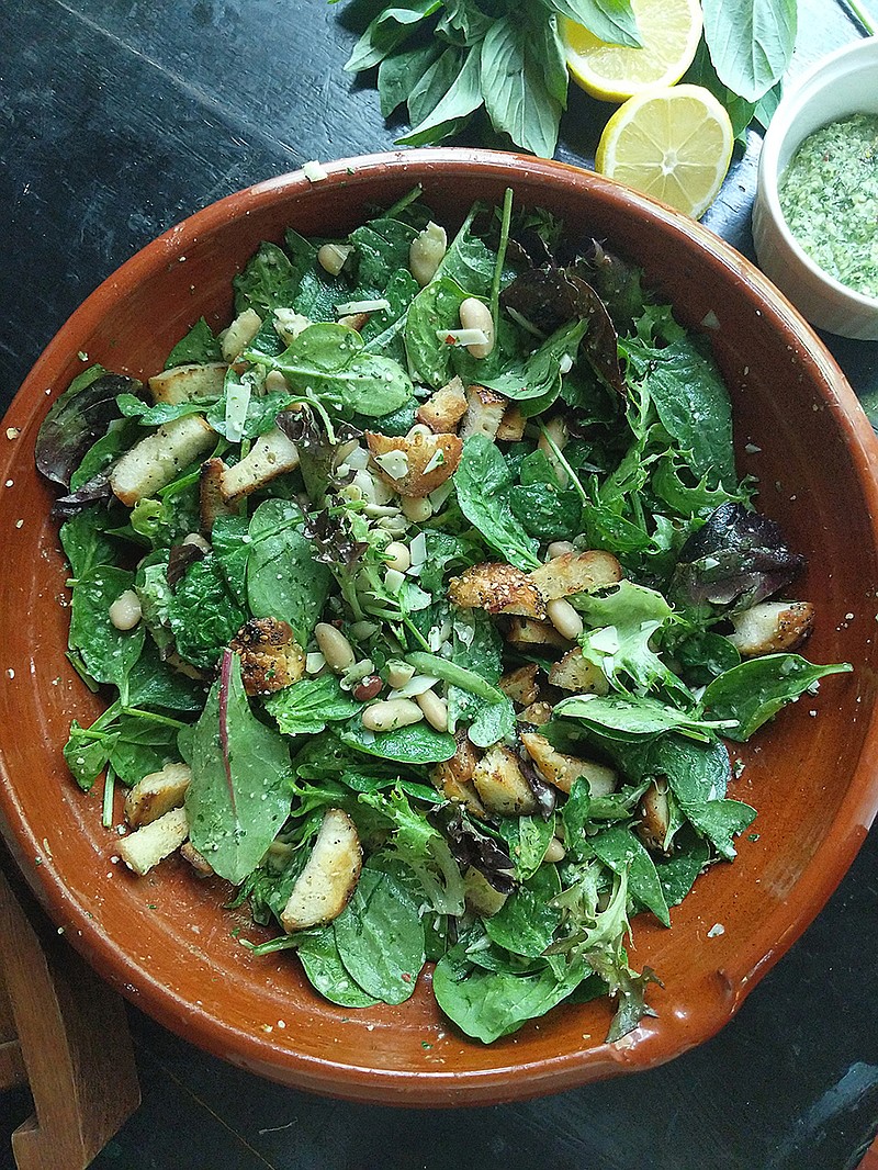 This easy, healthful salad features cannellini beans and greens tossed in a zesty lemon-basil pesto. Everything bagel croutons add crunch. (Gretchen McKay/Pittsburgh Post-Gazette
/TNS)
