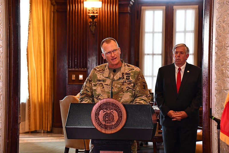 Adjutant Gen. Levon Cumpton, leader of the Missouri National Guard, speaks during a news conference June 2, 2020, as Gov. Mike Parson looks on.