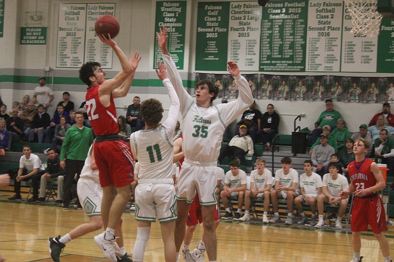 <p>File</p><p>Former California Pinto Isaac Ash shoots the ball during a game against Blair Oaks. Ash was a contributor for Central Methodist University’s Reserve Green basketball team in his freshman year of college.</p>