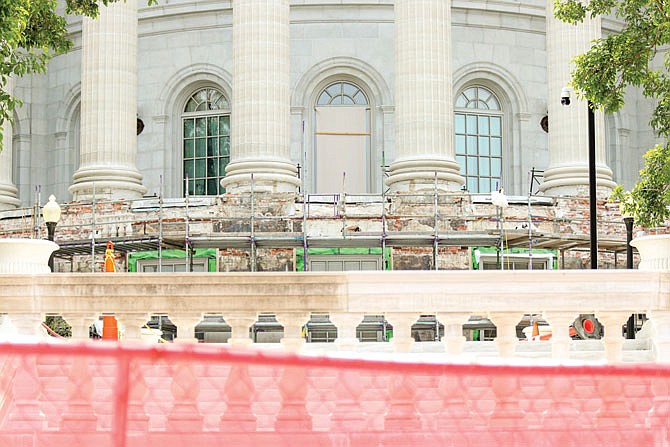 Exposed brick on the Missouri Capitol's north pavilion can be seen from West Capital Avenue.  The renovation is about 88 percent complete overall, according to the state Office of Administration, though some particular aspects such as cleaning, sealant application and mortar work are well-above 90 percent complete.