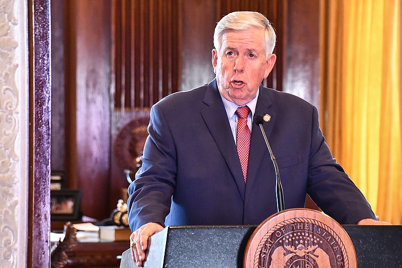 Gov. Mike Parson speaks at the Missouri Capitol during a news briefing on June 9, 2020.