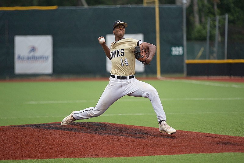 Pleasant Grove starting pitcher Tyler Jeans fires in a strike in the second inning of Game 2 of the Region II semifinal against Argyle on May 27, 2017, at Mike Carter Field in Tyler. The Hawks swept the Eagles in the series. (Staff file photo by Evan Lewis)
