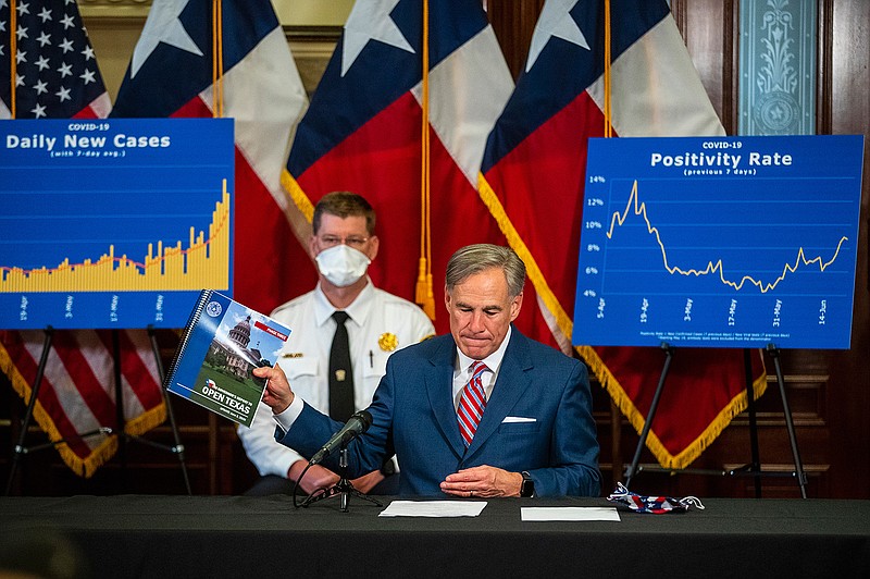 Gov. Greg Abbott addresses a news conference about the coronavirus pandemic Monday, June 22, 2020, at the State Capitol in Austin. Abbott said he has no plans to shut down the state again.